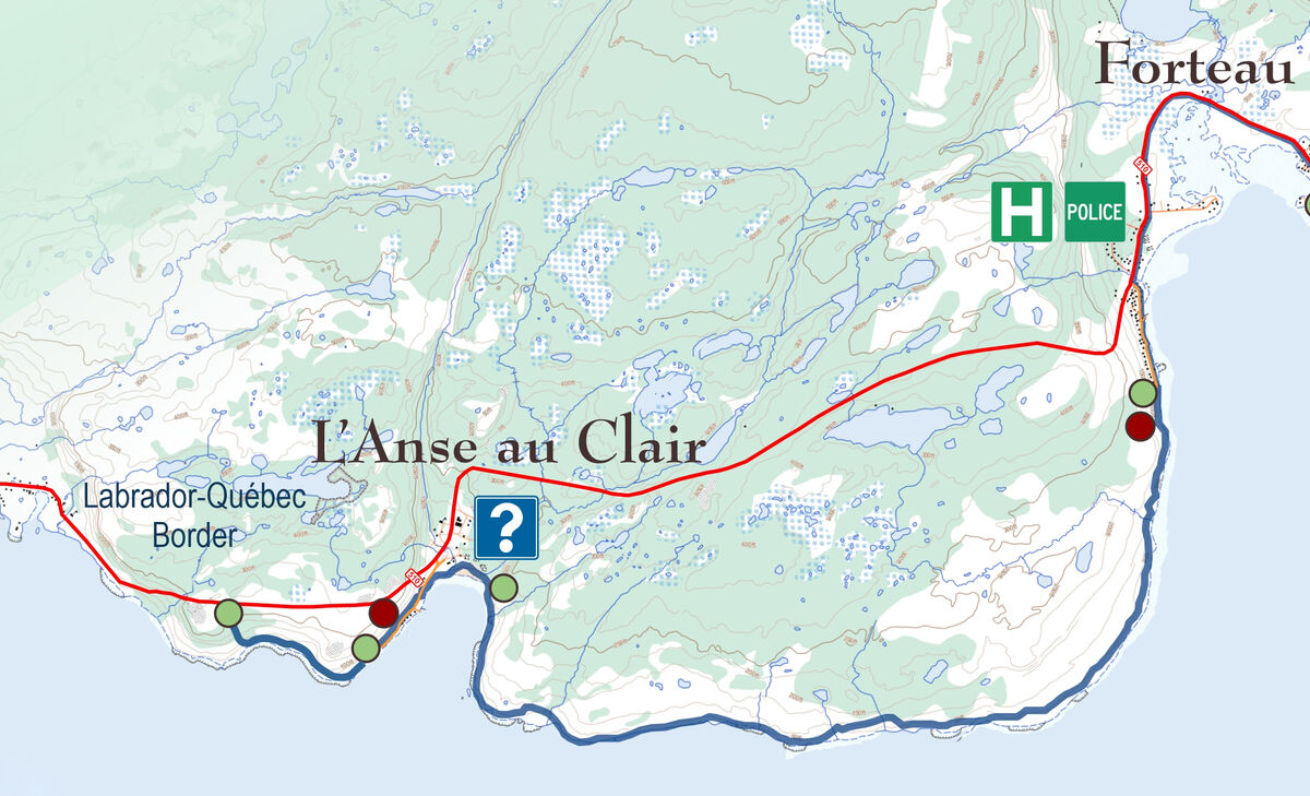 L'Anse au Clair to Forteau: Blue line is the Trail; Red is highway route 510 L'Anse au Clair to Forteau: Blue line is the Trail; Red is highway route 510