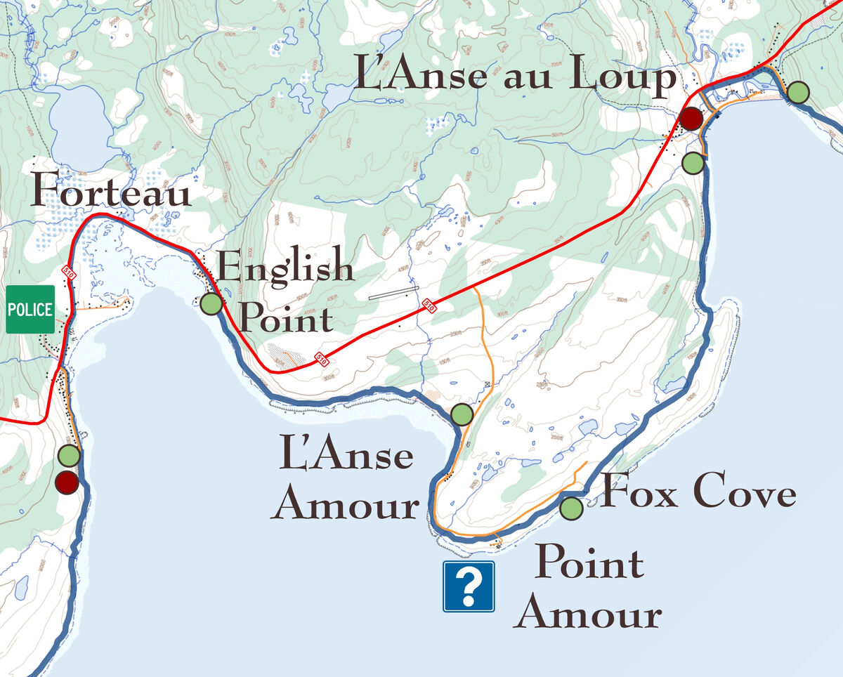 Forteau to L'Anse au Loup: Blue line is the Trail; Red is highway route 510 Forteau to L'Anse au Loup: Blue line is the Trail; Red is highway route 510